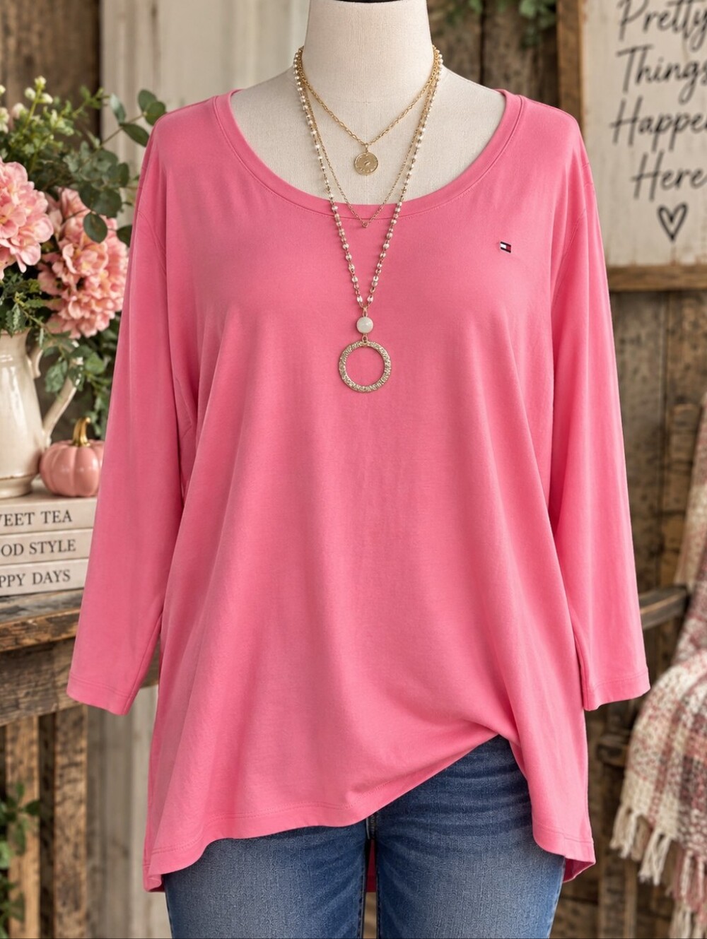 Tommy Hilfiger 3X NWT Coral Pink 3/4 Sleeve Flag Logo Cotton Tee